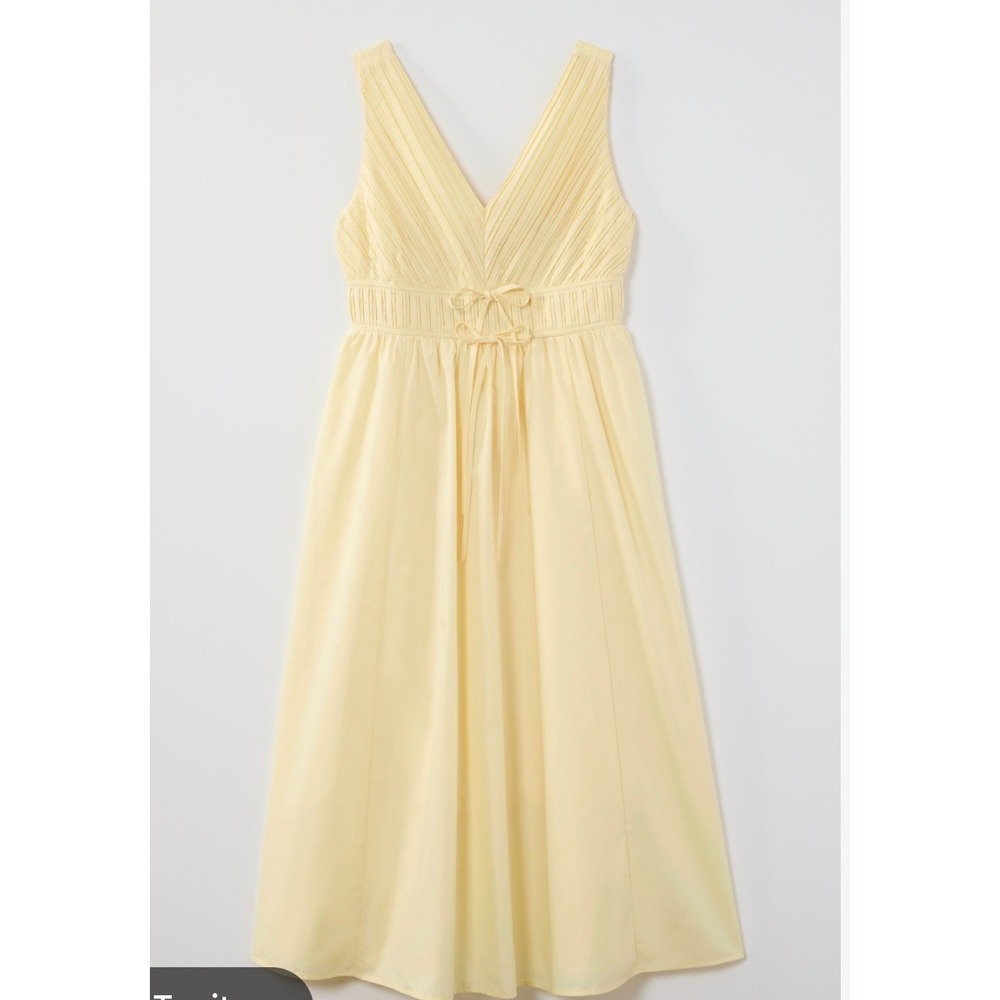 J. Jill Womens XL Butter Yellow Pleated V-Neck Smocked Back Midi Dress NEW